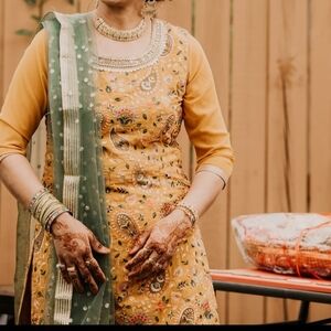 Mustard Yellow Embroidered Women’s Dress with Green Dupatta